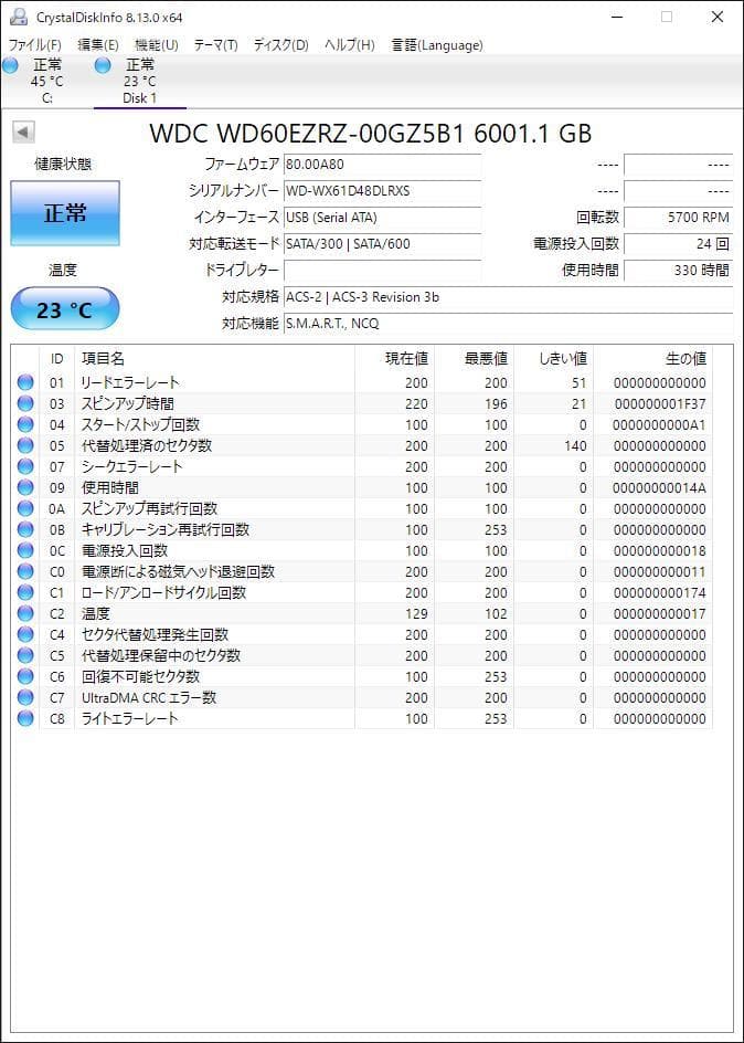 Western Digital WD60EZRZ（3.5 HDD 6TB）