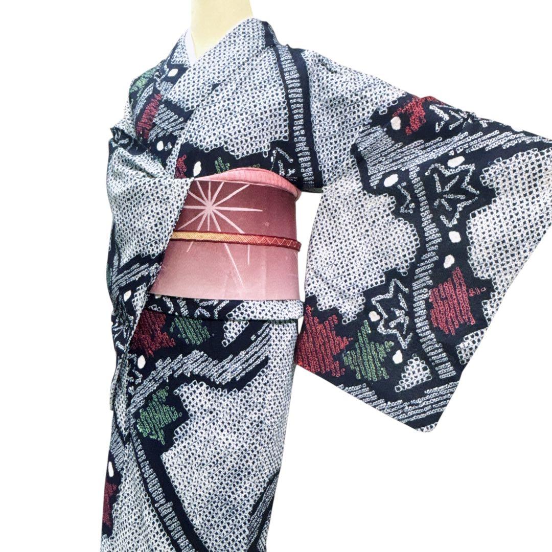 A72有松鳴海絞り 高級浴衣 花 綿　美品