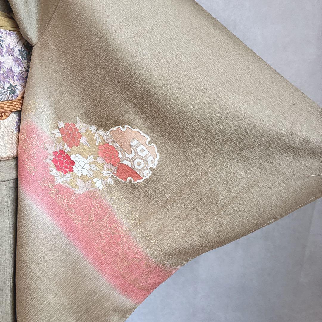 訪問着　フルセット　着物　正絹　Lサイズ　ロング　雪輪　花　金駒刺繍　N5