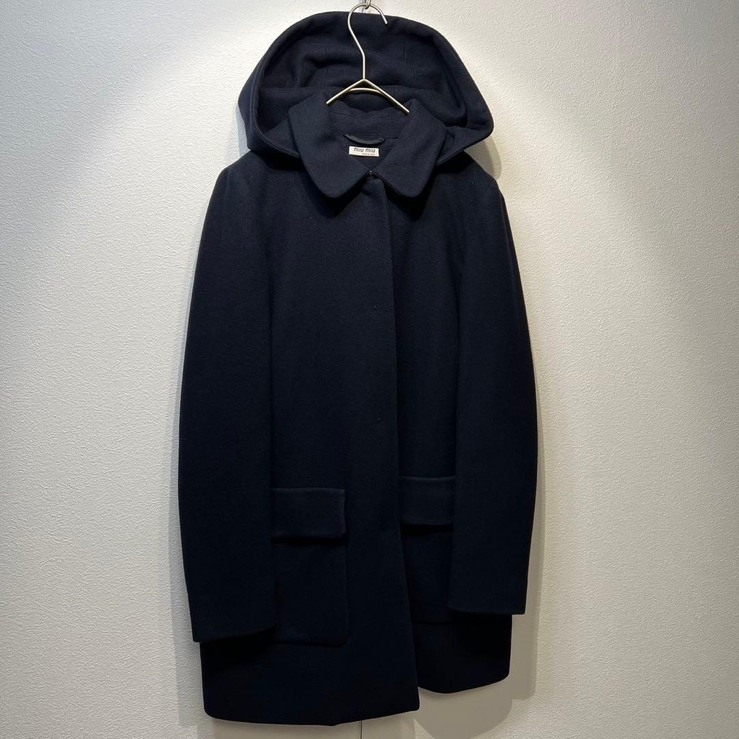 希少 MIU MIU 上質 ウール Aライン フーデッドステンカラーコート 40