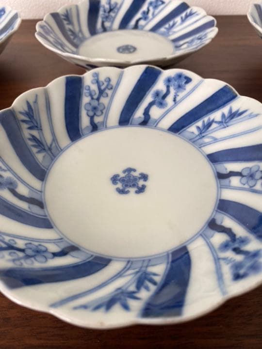 【松竹梅 五弁花】★中皿６枚揃★ 染付 渦福 角福 藍柿 骨董 アンティーク