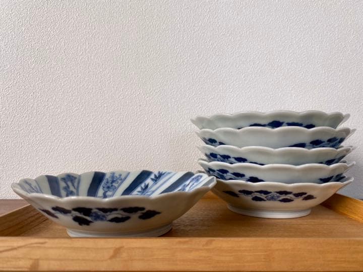 【松竹梅 五弁花】★中皿６枚揃★ 染付 渦福 角福 藍柿 骨董 アンティーク