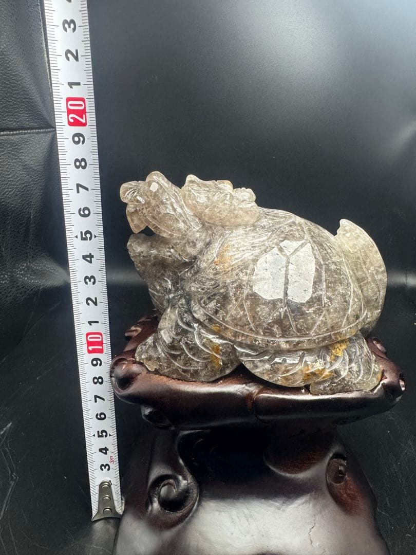 モリオン龍亀　天然石　台座付き　カービング