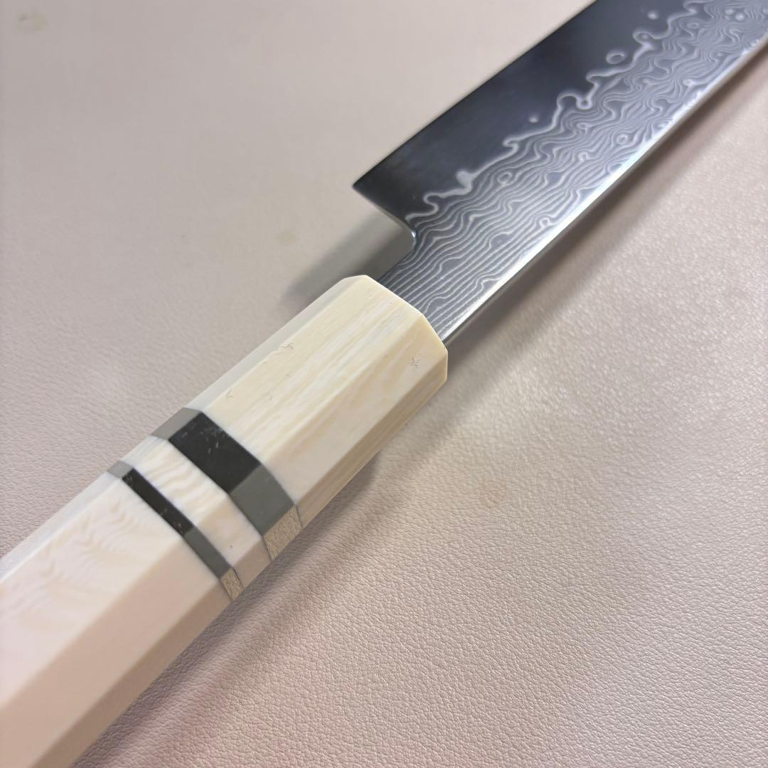 尺300mm 柳刃包丁 墨流しダマスカス　人工象牙八角柄 和包丁 白'-