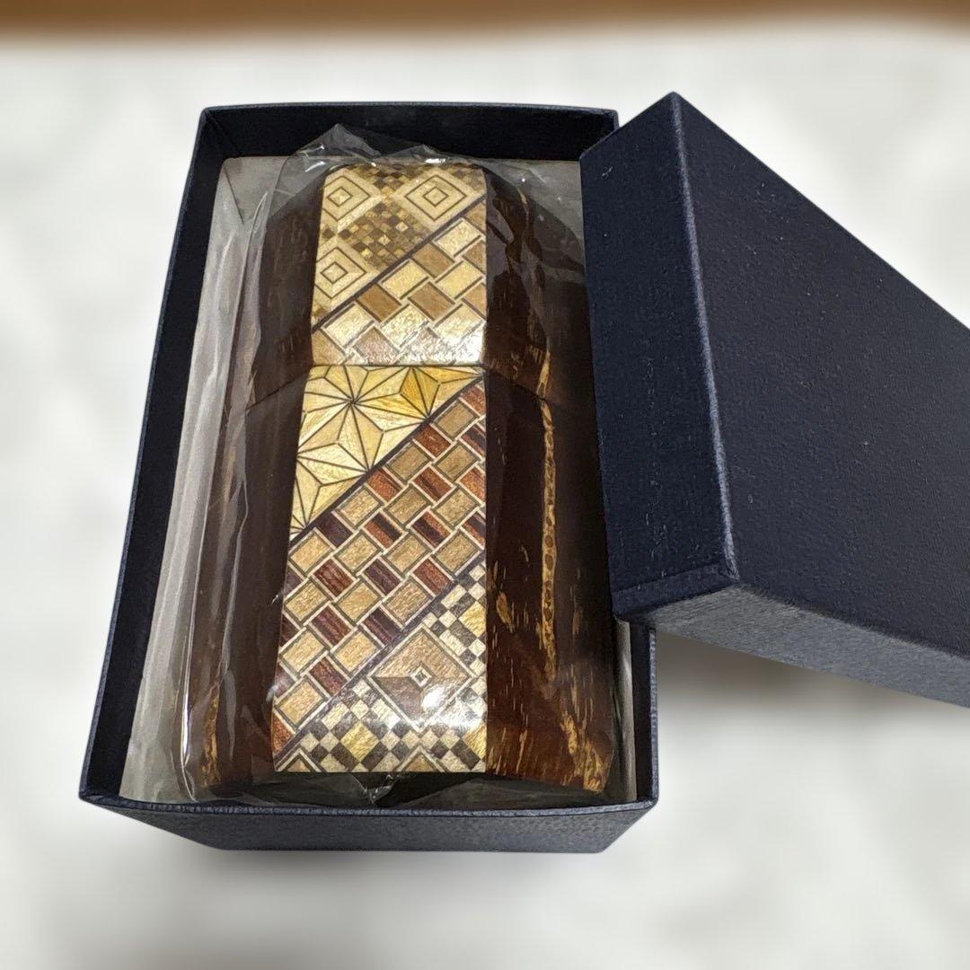 【希少・未使用】寄木細工 茶筒 八角形 内蓋も木製 説明書付き 縁起物