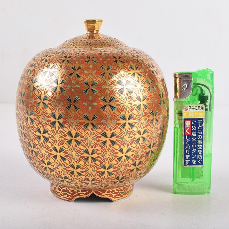 九谷焼　山本重義作　金彩　小紋手　香炉　共布共箱　M　R9007