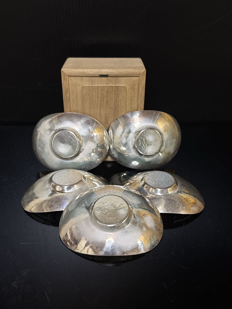 純銀 槌目 小判型 茶托 5枚 桐箱付 約290g 茶道具 煎茶