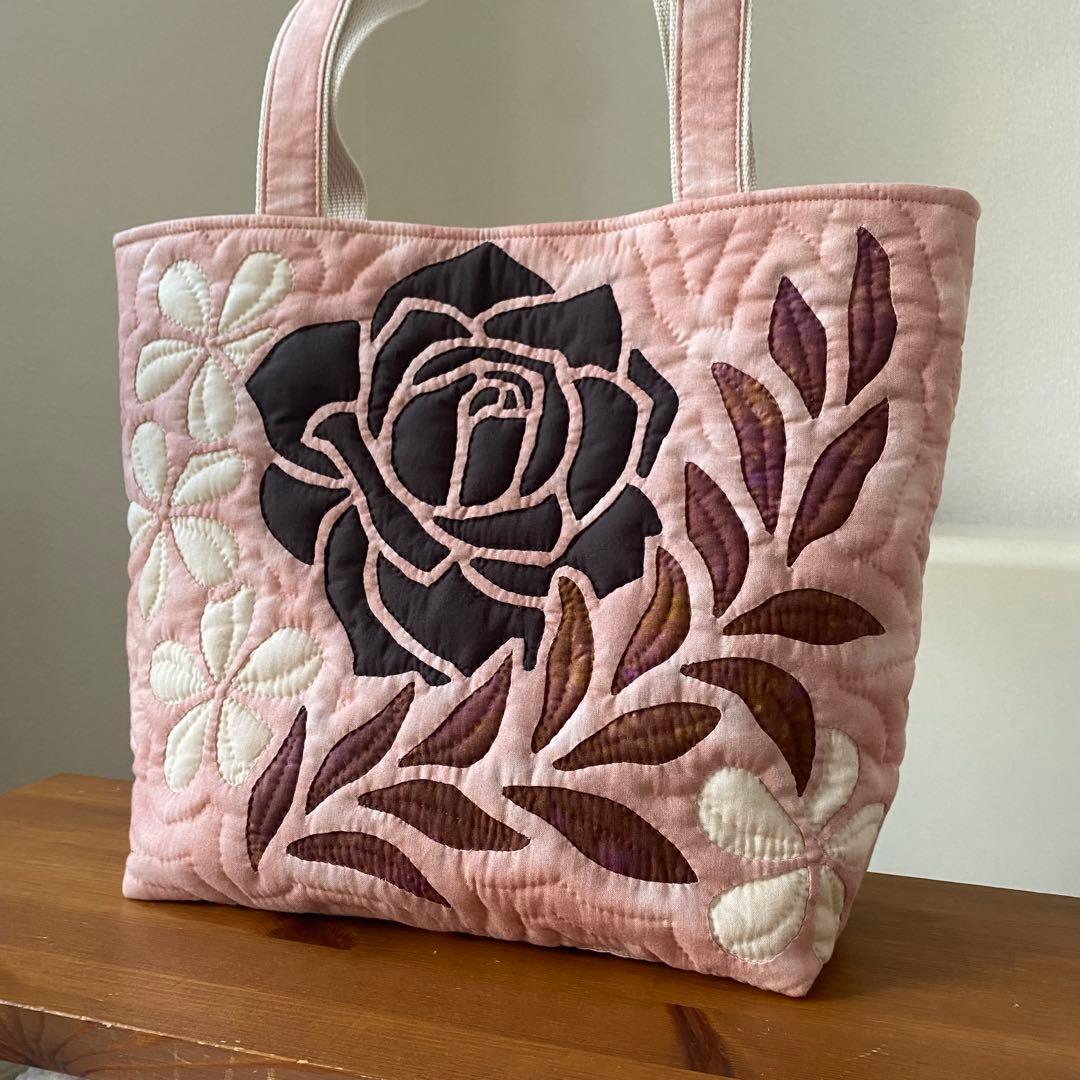 ハワイアンキルト◆トートバッグ◆プルメリア、バラ◆ハンドメイド