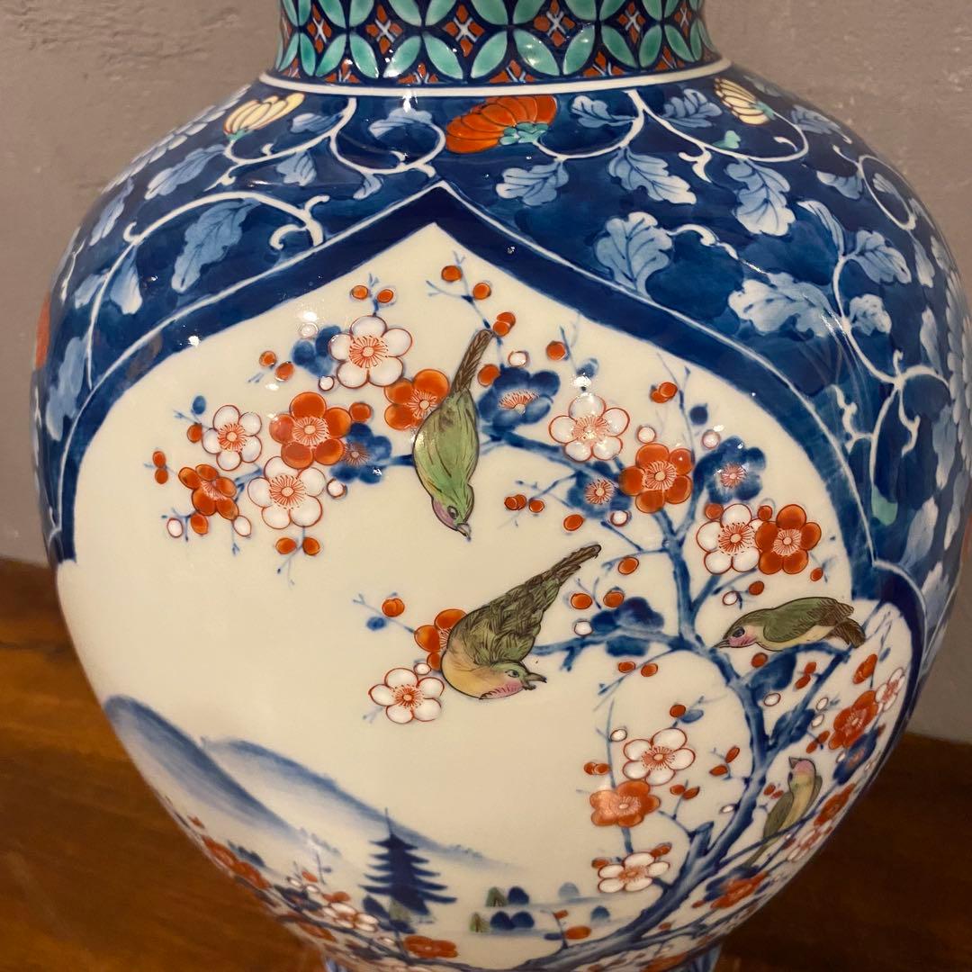 有田焼 池田視行作 二方割 花鳥文 大壺 36cm 骨董品 染錦　コレクション