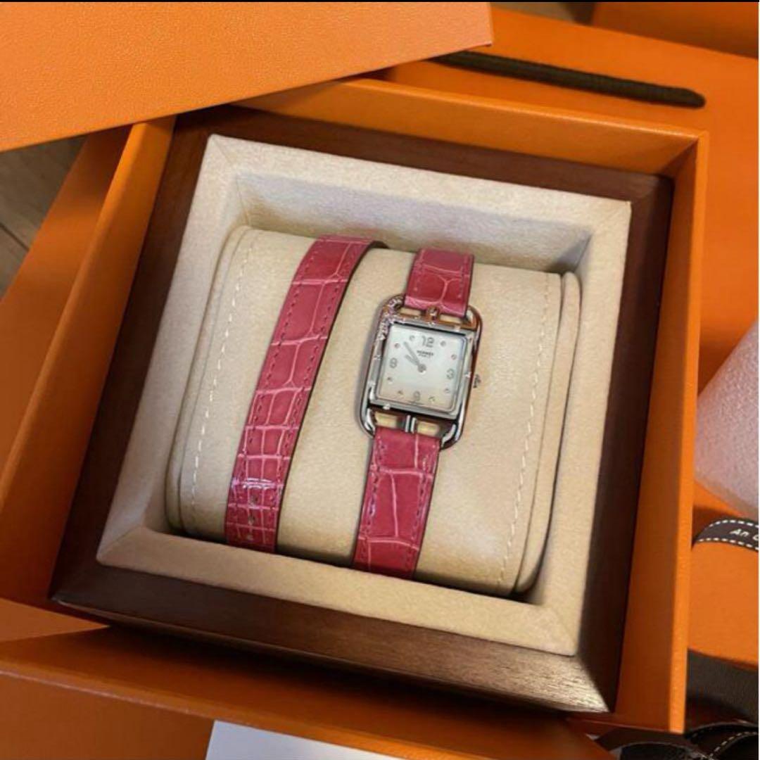 HERMES クロコ ピンク ダイヤモンド サファイア 時計 ケープコッド