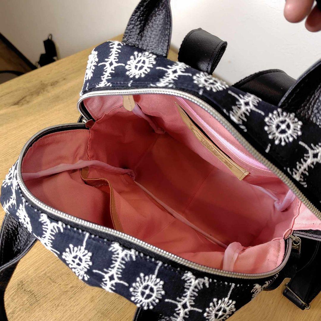 【専用】/タンバリンネイビー×アネモネ/ボストン型トートリュック本革黒