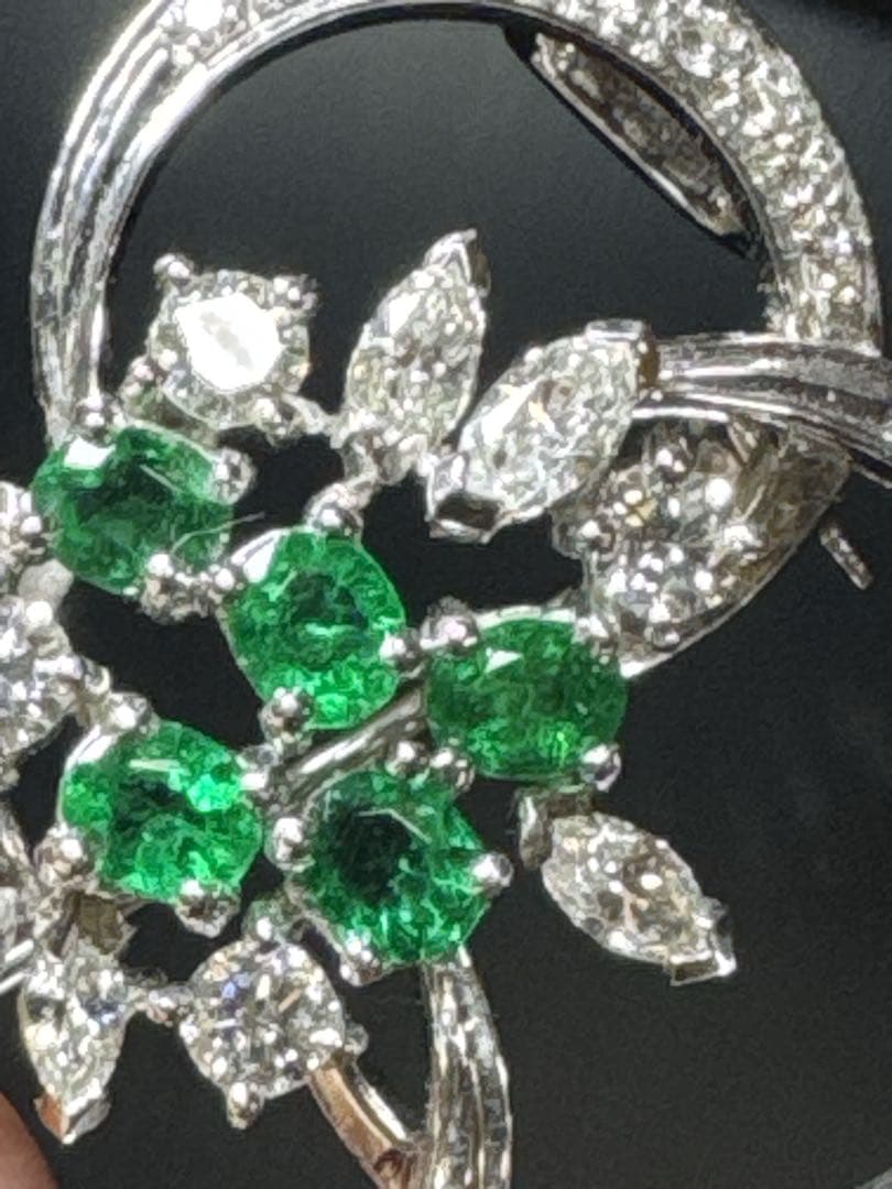 鑑定書付 Pt900 天然エメラルド ダイヤ 帯留 ブローチ