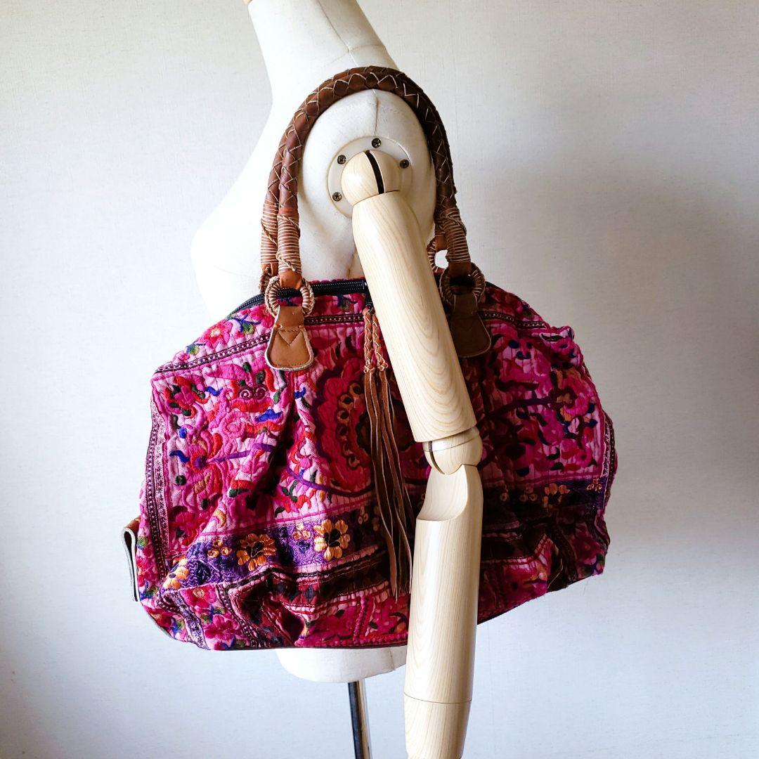 ★ 一点物 未使用 ★ アジア 少数民族 刺繍 古布 ショルダーバッグ ピンク