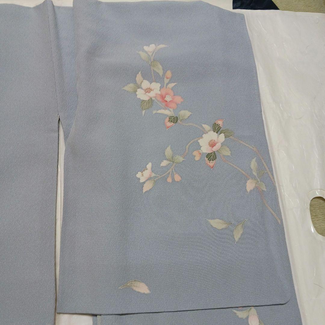 淡い水色 訪問着 正絹 ちりめん　花柄 上品 着物 身丈153cm　長襦袢付