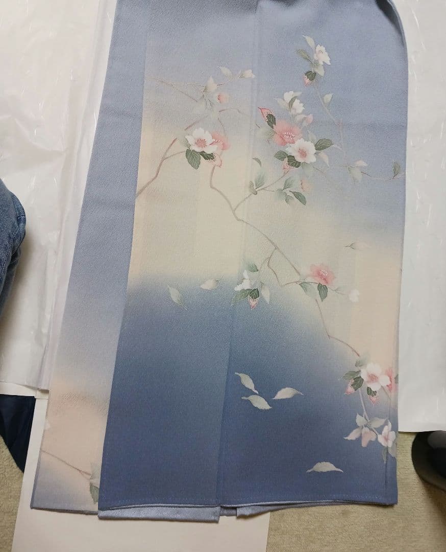 淡い水色 訪問着 正絹 ちりめん　花柄 上品 着物 身丈153cm　長襦袢付