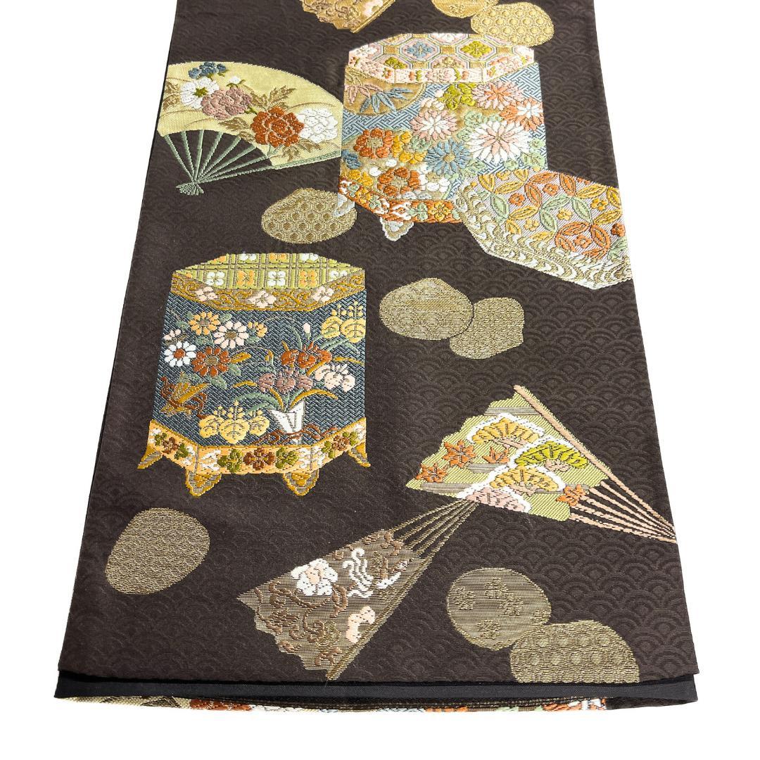 袋帯　貝桶　扇　花紋　花束　桐の花　七宝　貝合わせ　着物　123b d ms