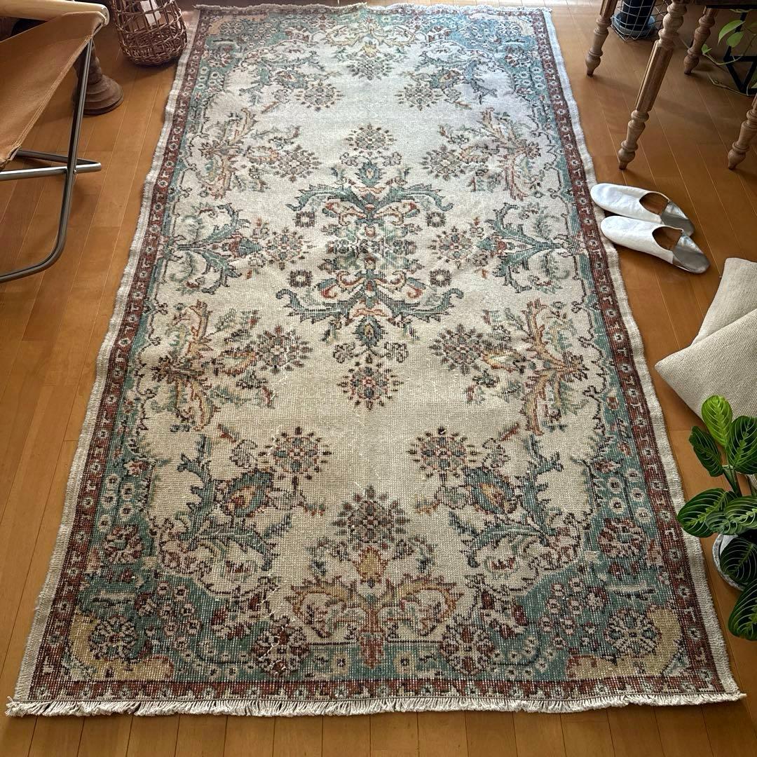 117×214 エメラルドグリーン　メダリオンボタニカル　トルコヴィンテージラグ
