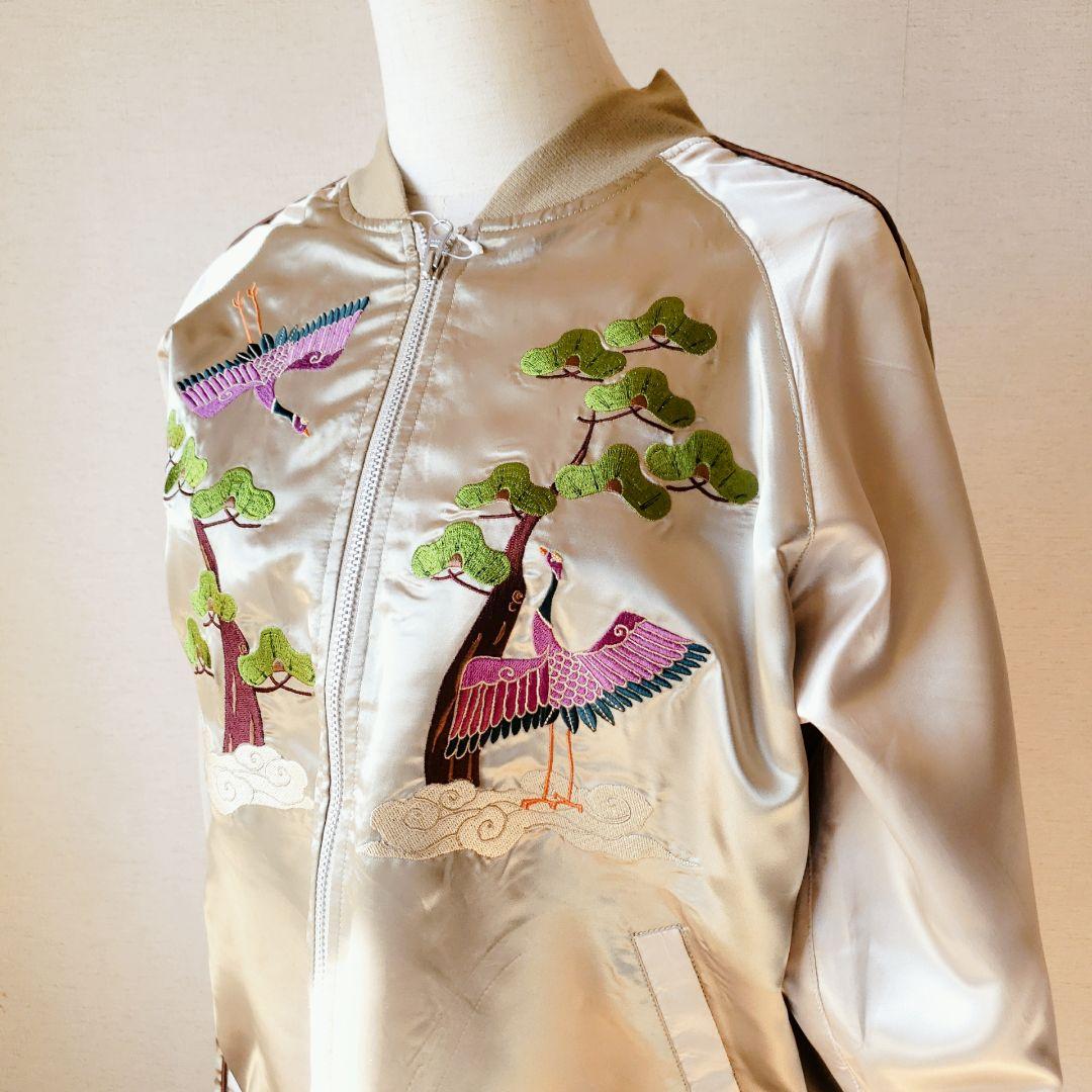 ★未着用★ マッシュマニア スカジャン ゴールド サテン 鶴 松 刺繍