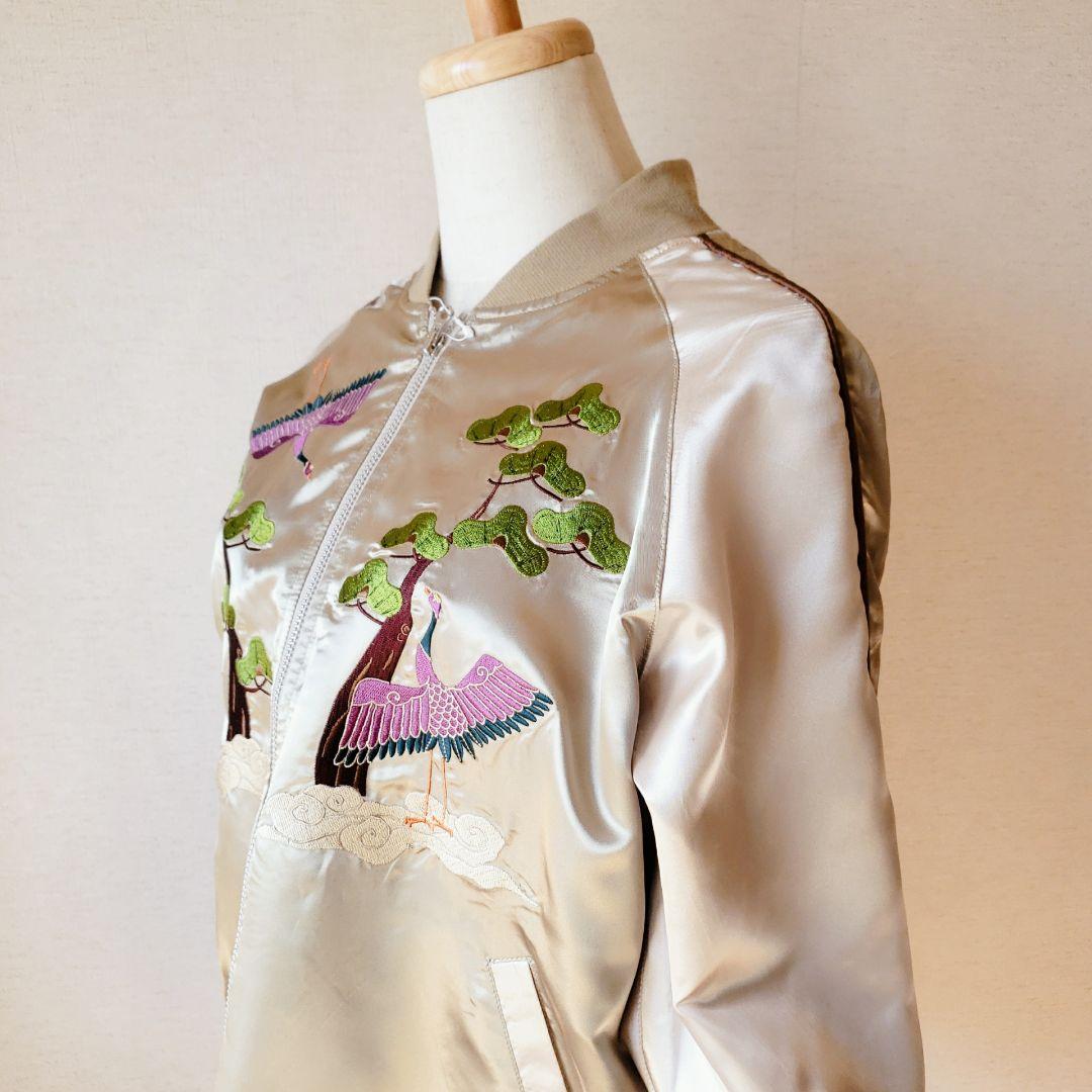 ★未着用★ マッシュマニア スカジャン ゴールド サテン 鶴 松 刺繍