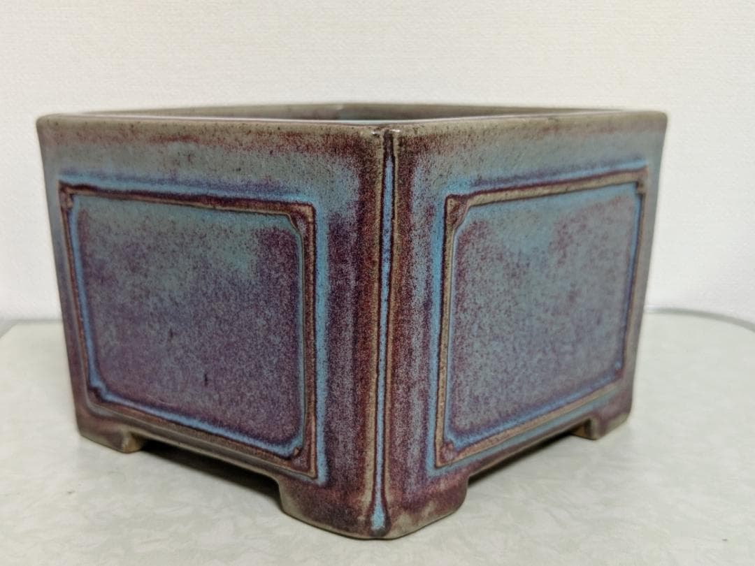 均窯釉額入正方盆栽鉢　落款「柴勝」　幅12.5㎝×奥12.5㎝×高8.5㎝