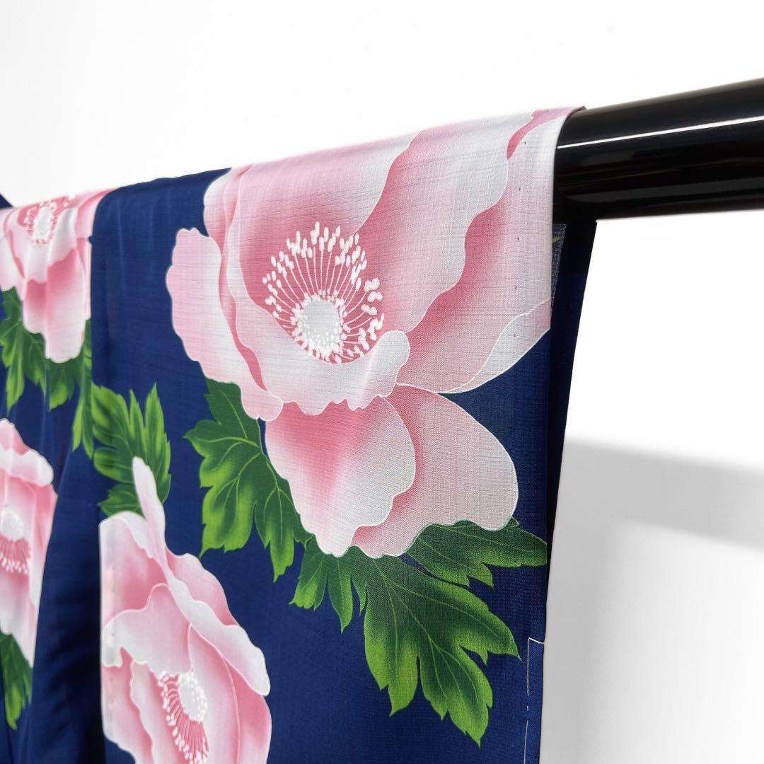 未着用　浴衣　牡丹　藍色　華やか　お洒落　着物　032a d