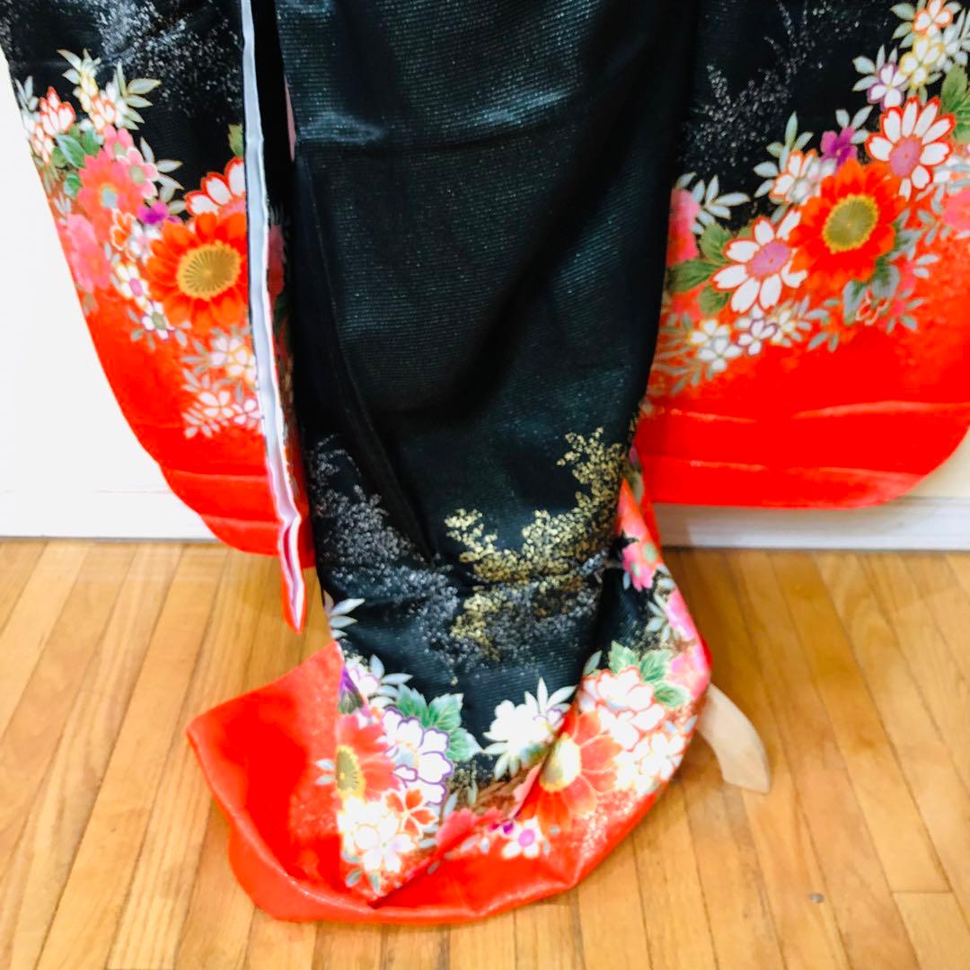 七五三七歳❣️豪華黒地ラメ花々金彩⭐︎正絹全通袋帯刺繍煌びやか⭐︎完全フルセット