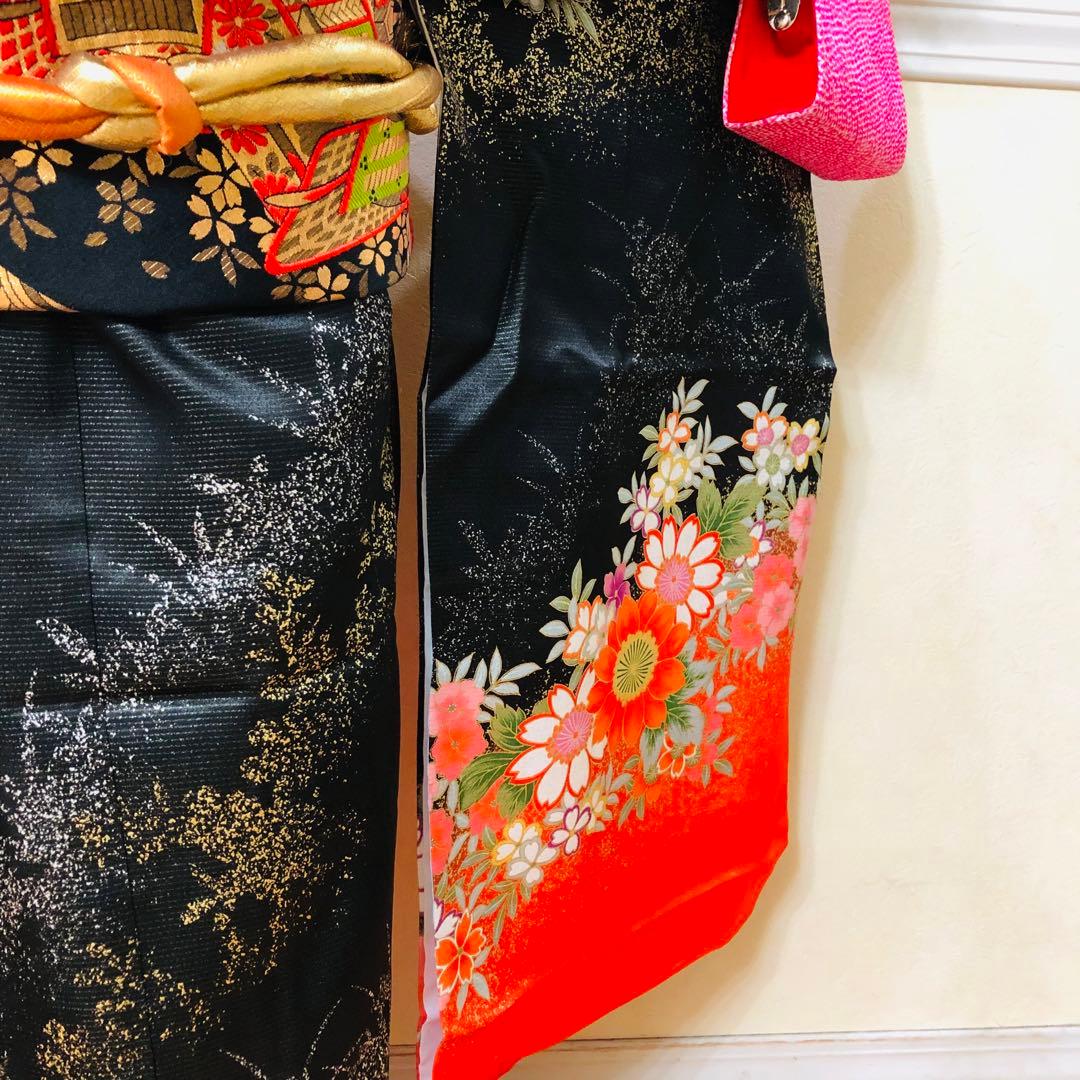 七五三七歳❣️豪華黒地ラメ花々金彩⭐︎正絹全通袋帯刺繍煌びやか⭐︎完全フルセット