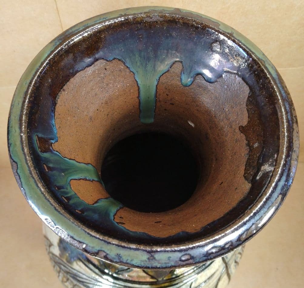 大傑作【本物保証】金城次郎 海老魚紋大壷 共箱 h38cm超 栞 人間国宝本人書