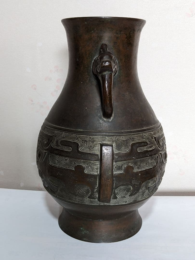 ⭐️唐金 饕餮文龍双耳瓶 明治時代 茶道具 花活け 華道 花生花器 青銅 骨董品