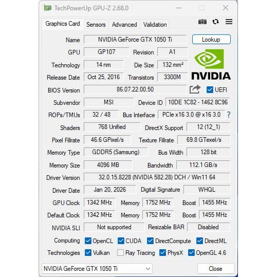 グラフィックボード・グラボ・ビデオカード MSI GeForce GTX 1050ti 4g OC