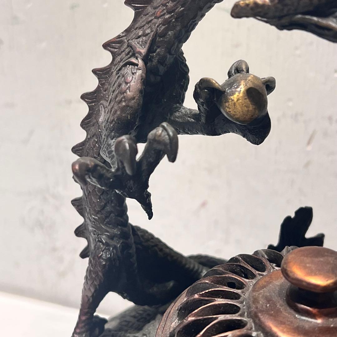希少 銅製 細密彫刻 龍提手三足香炉 香炉 香道具 骨董品 インテリア 工芸品