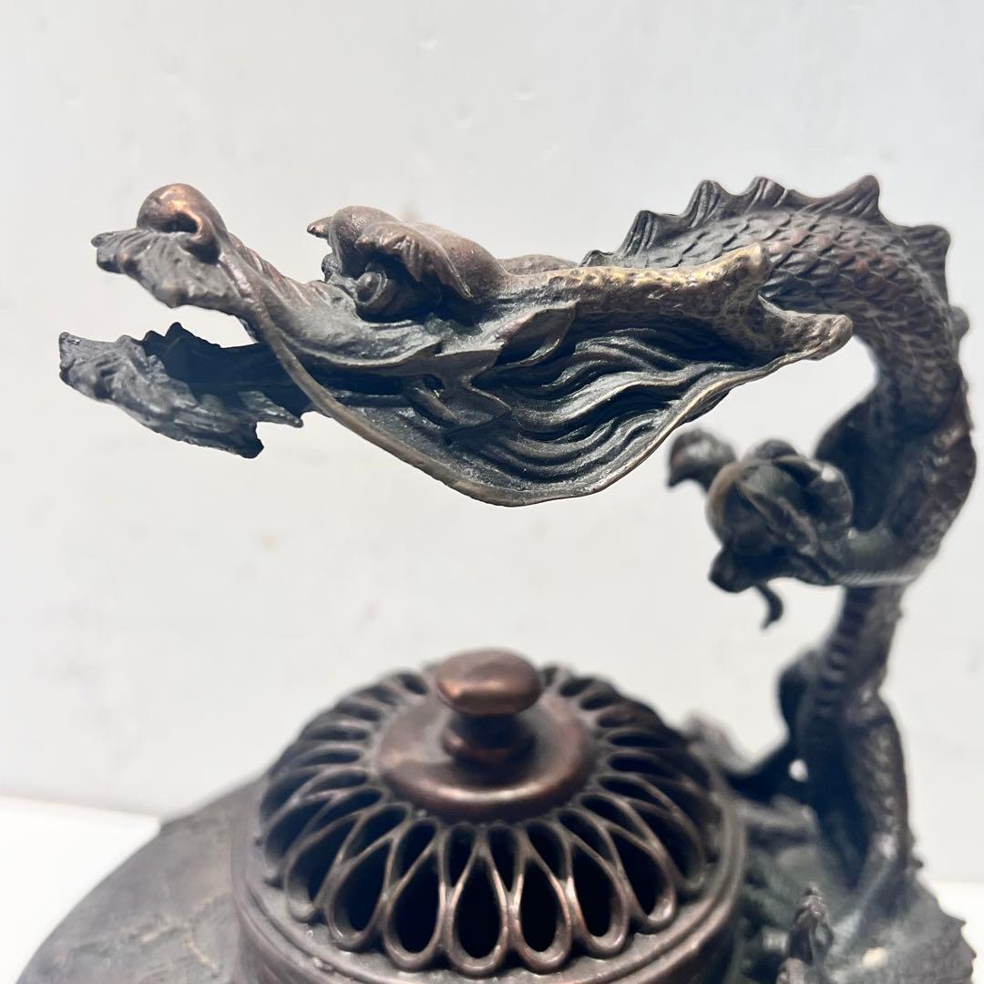 希少 銅製 細密彫刻 龍提手三足香炉 香炉 香道具 骨董品 インテリア 工芸品