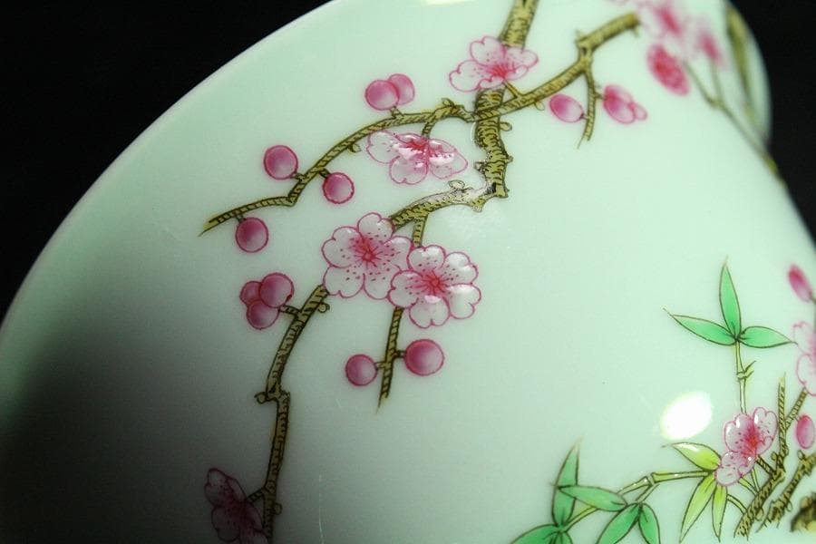 中国美術 粉彩 花鳥画 蓋碗 皿 一対(K-HA502)