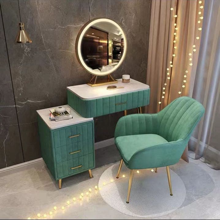 オシャレドレッサー　大理石柄×ベロア生地コスメデスク100cm3段調整可