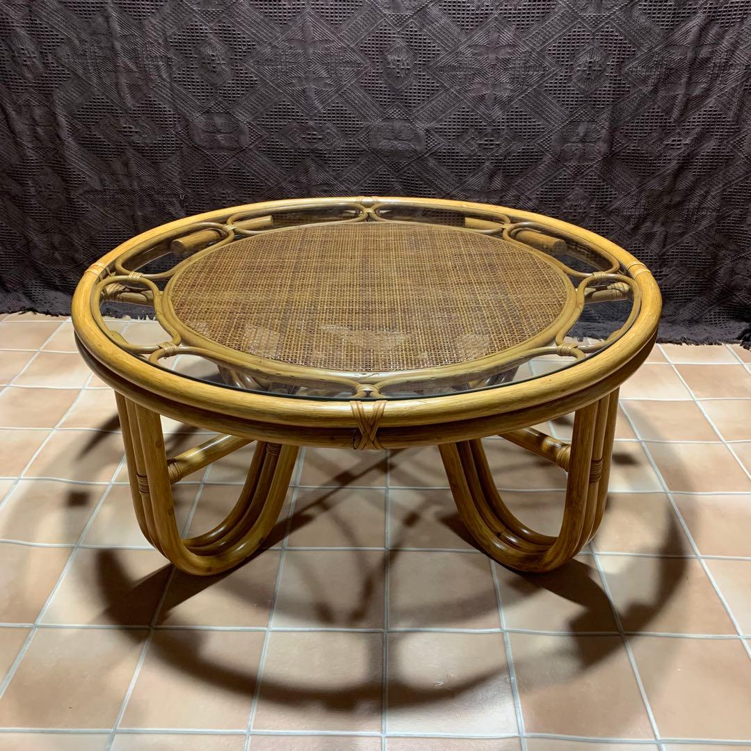 【美品】ラタン 籐 ガラステーブル アジアン 籐 円卓 ヴィンテージ レトロ