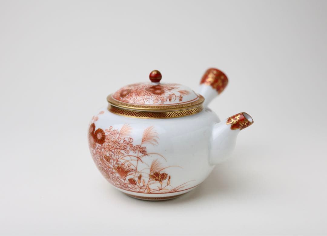 九谷焼 金城竜山 九谷竜山 金彩 赤絵秋草 煎茶器 急須 煎茶道具 煎茶碗