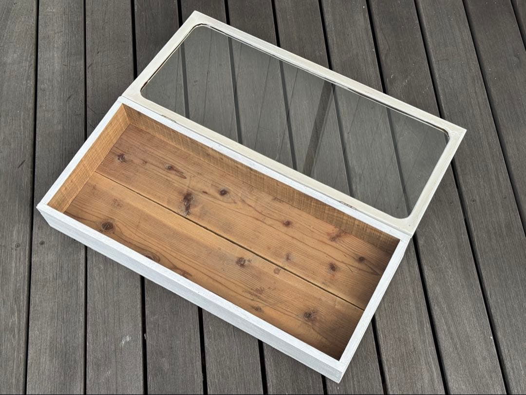 古道具 ホワイト木製ショーケース ガラス蓋付き ヴィンテージ