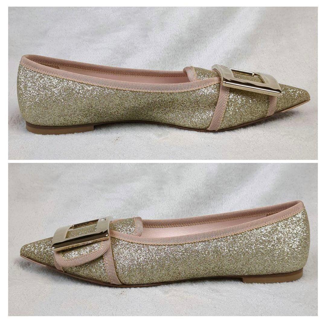 ロジェヴィヴィエ フラットシューズ スクエアバックル ゴールド サイズ35