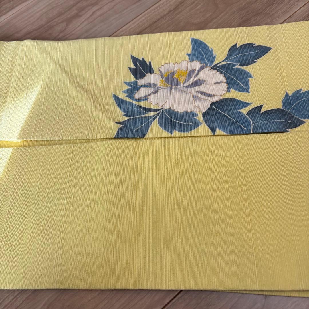 未使用　正絹　現代　名古屋帯　着物　和装　レモンイエロー　薄黄色　牡丹　364
