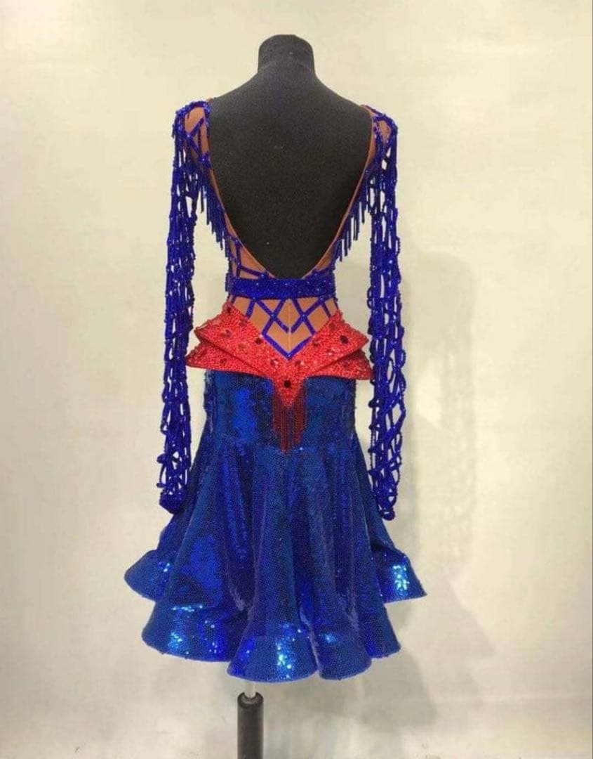 社交ダンスドレス 青 赤 フリンジ付き　ラテンドレス