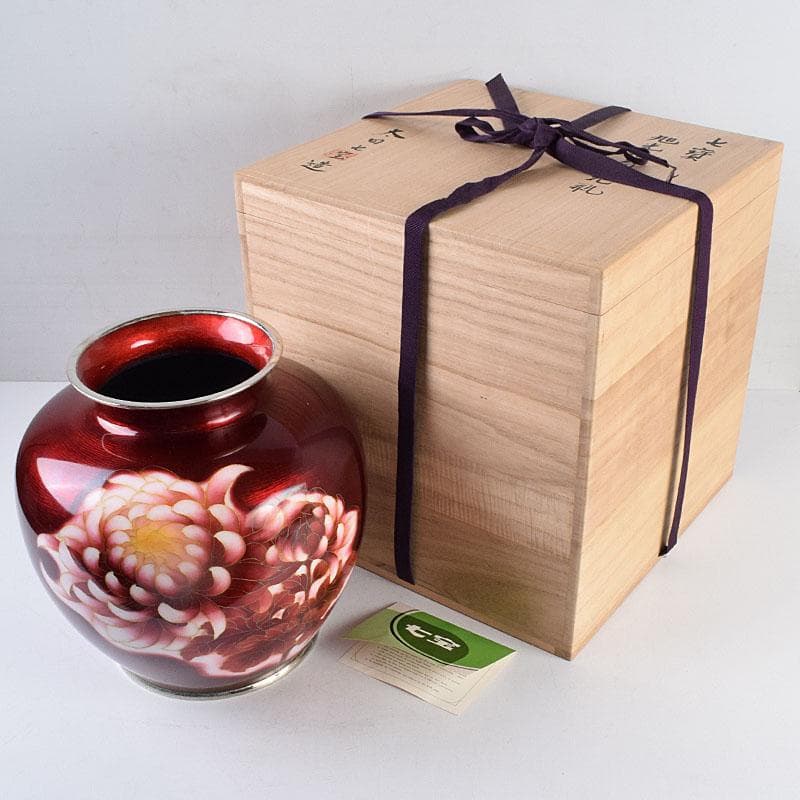 七宝焼　太田七宝造　透釉　旭光釉　菊文　花瓶　共箱　M　R8971H