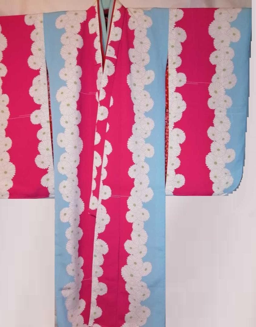 七五三7歳用.四つ身.着物ピンク水色地 古典菊柄 長襦袢付 女の子7-5