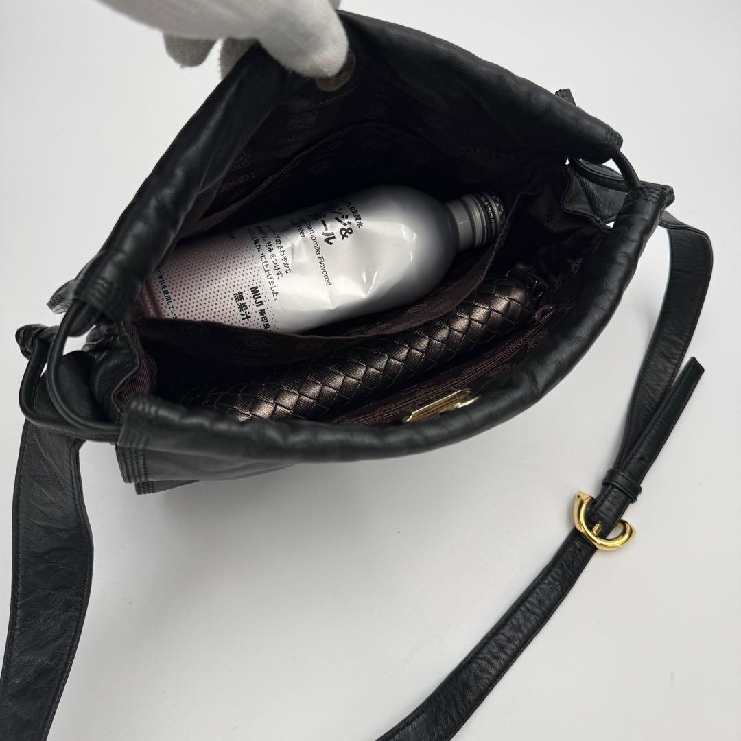 ロエベ アナグラム フラメンコ ナッパ レザー 巾着 ショルダーバッグ 黒緑