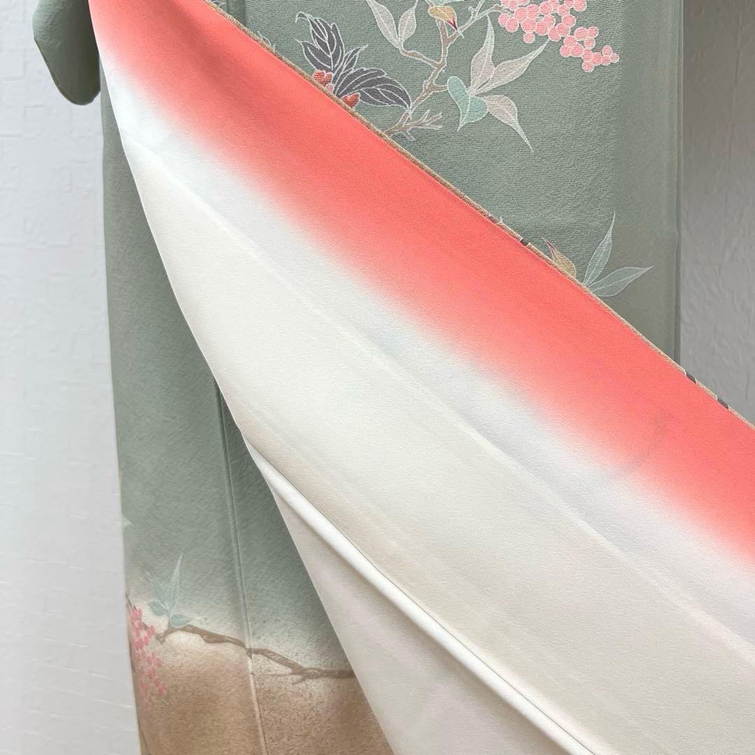 455 訪問着フルセット 正絹 くすみグリーン 灰緑 友禅 金彩 刺繍 暈し染め