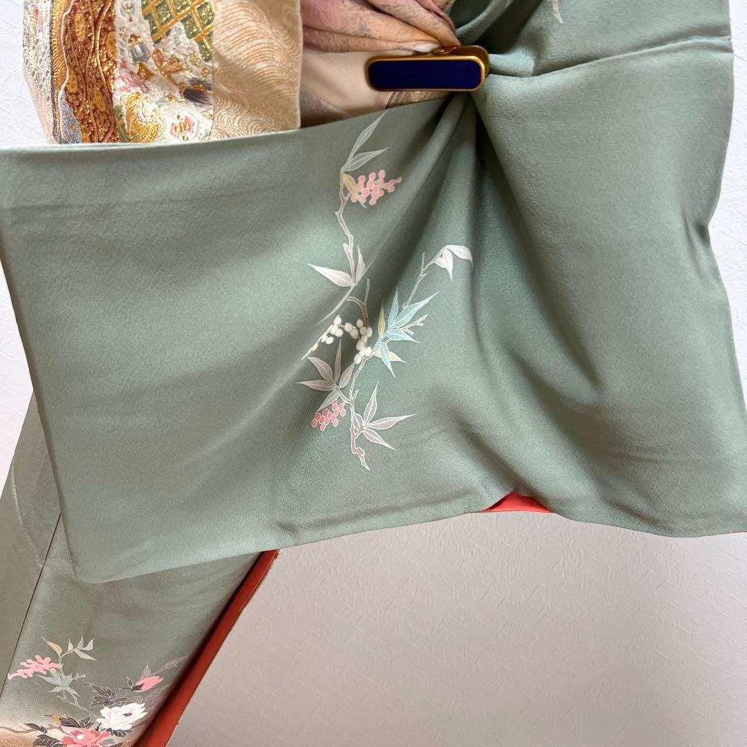 455 訪問着フルセット 正絹 くすみグリーン 灰緑 友禅 金彩 刺繍 暈し染め