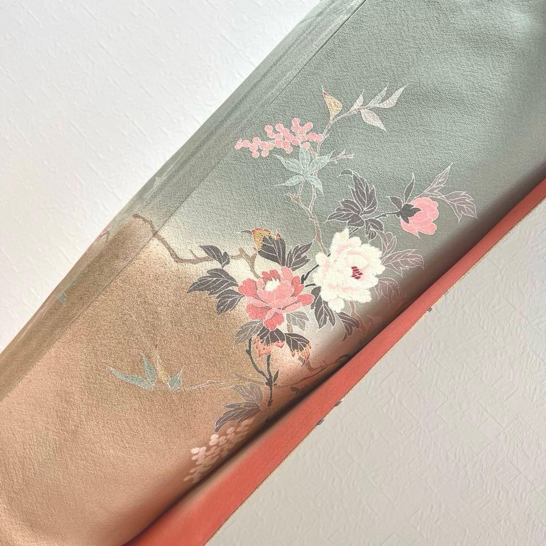 455 訪問着フルセット 正絹 くすみグリーン 灰緑 友禅 金彩 刺繍 暈し染め