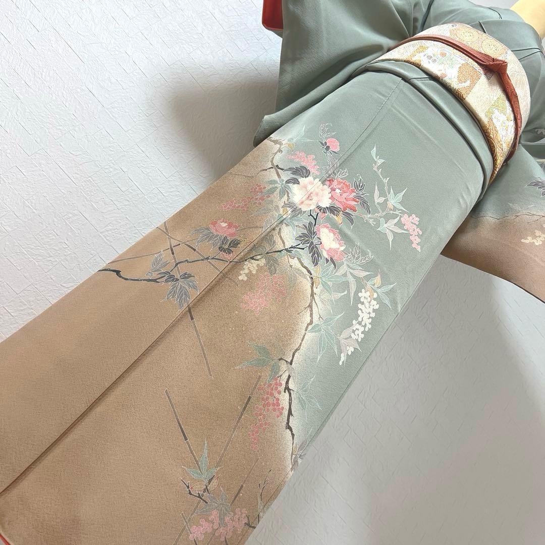 455 訪問着フルセット 正絹 くすみグリーン 灰緑 友禅 金彩 刺繍 暈し染め