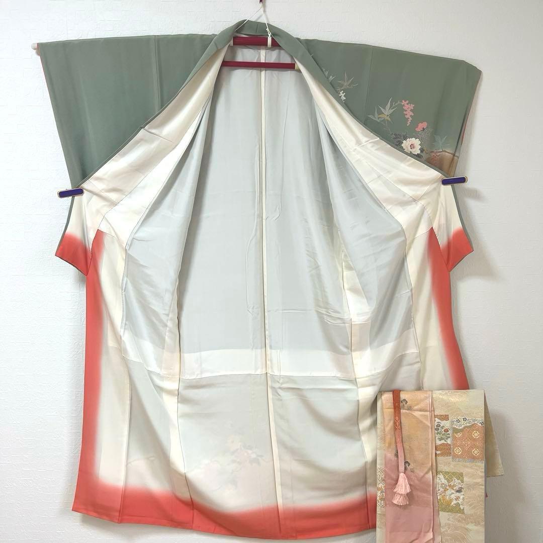 455 訪問着フルセット 正絹 くすみグリーン 灰緑 友禅 金彩 刺繍 暈し染め