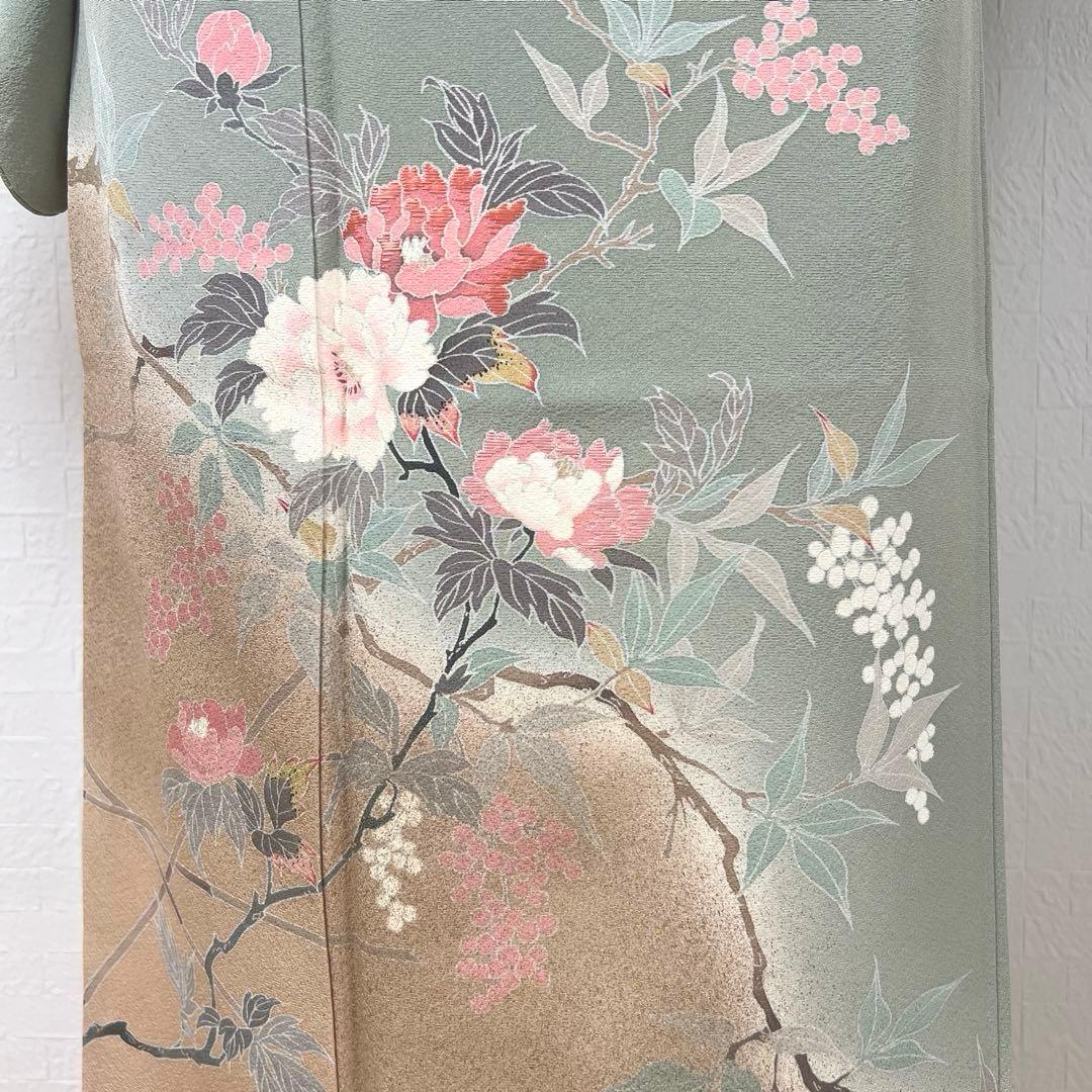 455 訪問着フルセット 正絹 くすみグリーン 灰緑 友禅 金彩 刺繍 暈し染め