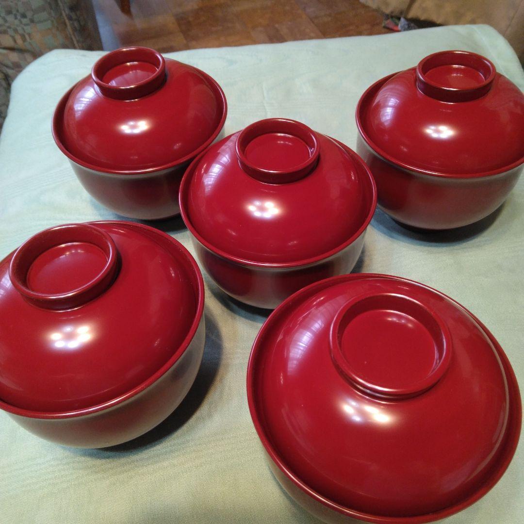 越前漆器、源伸堂きむら 赤い漆器 蓋付き椀5 個セット